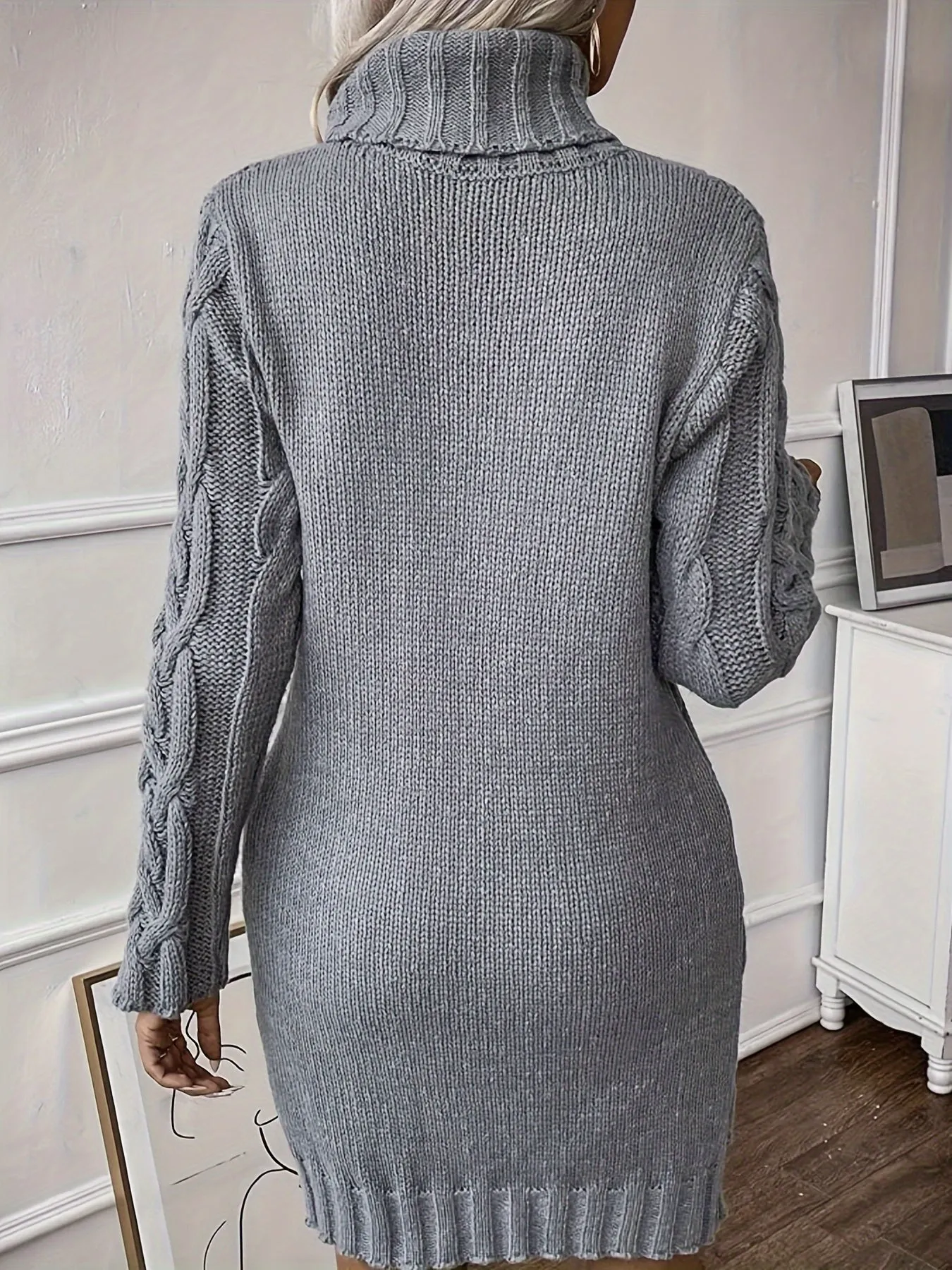 Cozy Long Sleeve Cable Knit Sweater Dress - High Neck, Drop Shoulder, Ribbed Midi with Solid Pattern, Loose Fit for All Seasons