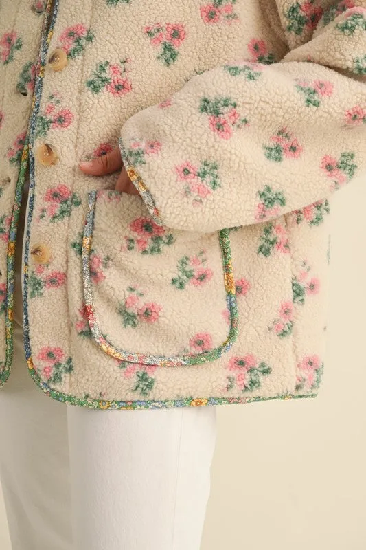 Cream Floral Print Sherpa Jacket Contrast Piping Detail