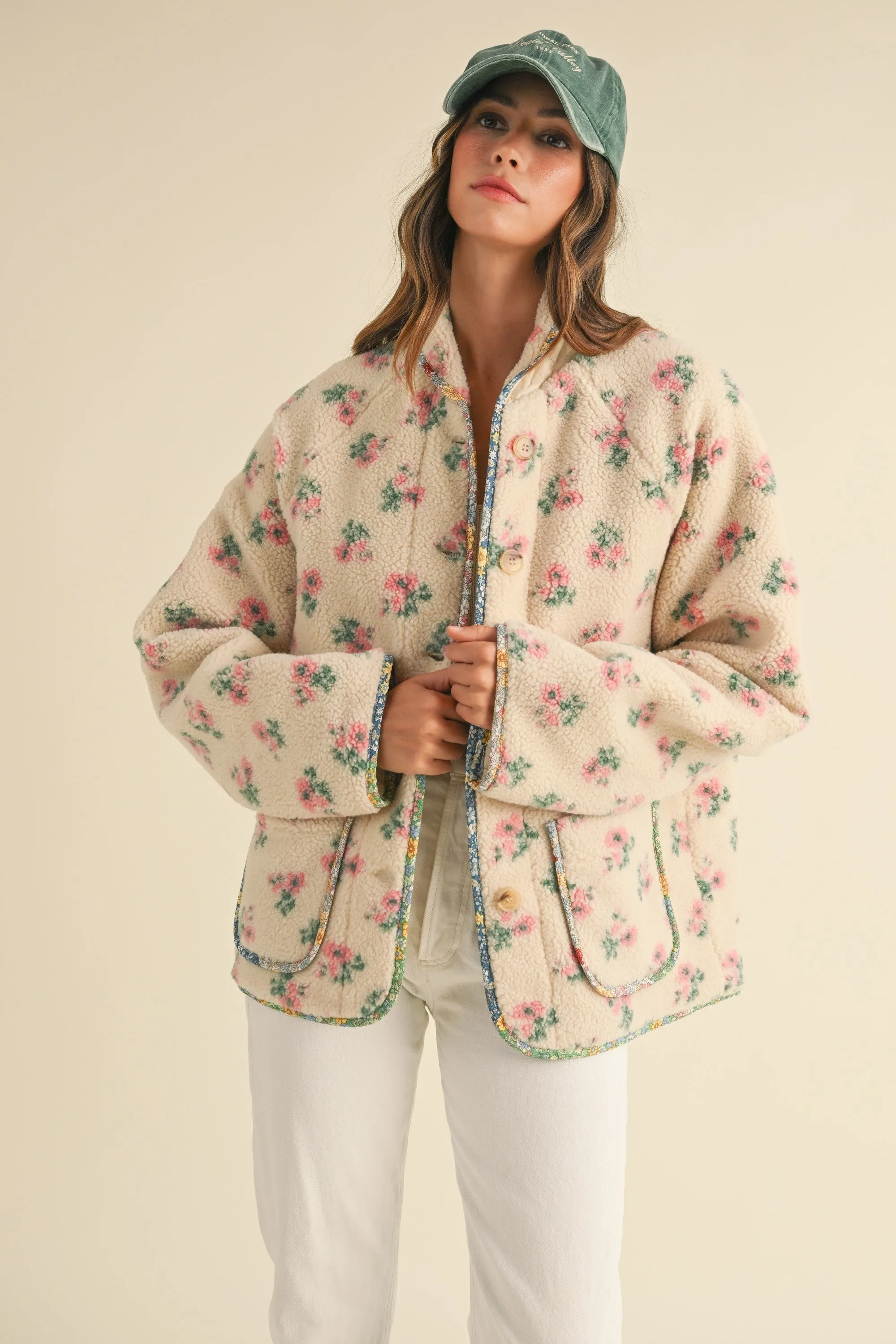 Cream Floral Print Sherpa Jacket Contrast Piping Detail