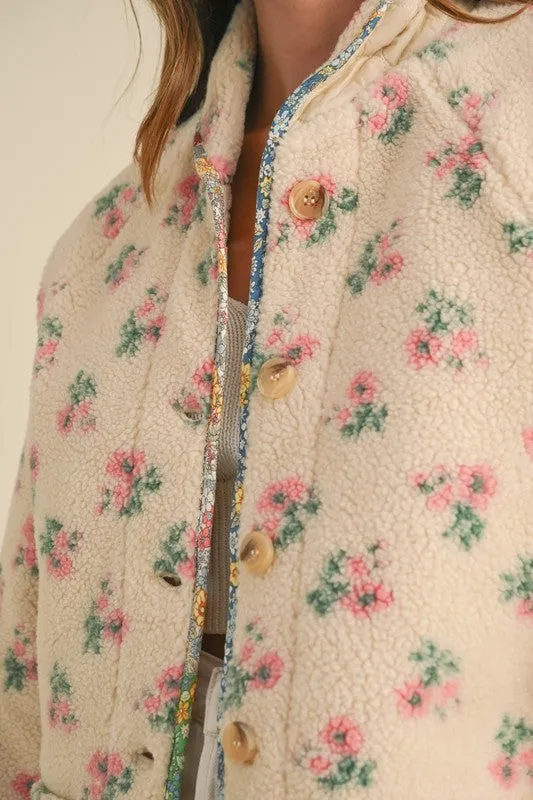 Cream Floral Print Sherpa Jacket Contrast Piping Detail