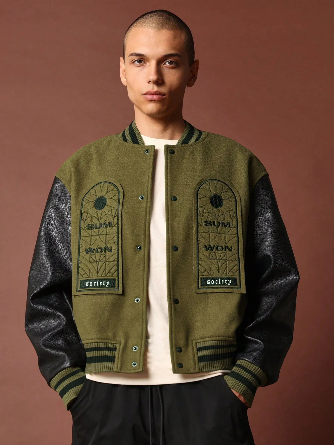 Cropped PU Sleeve Varsity Jackets With Window Patches Embroidered At The Front