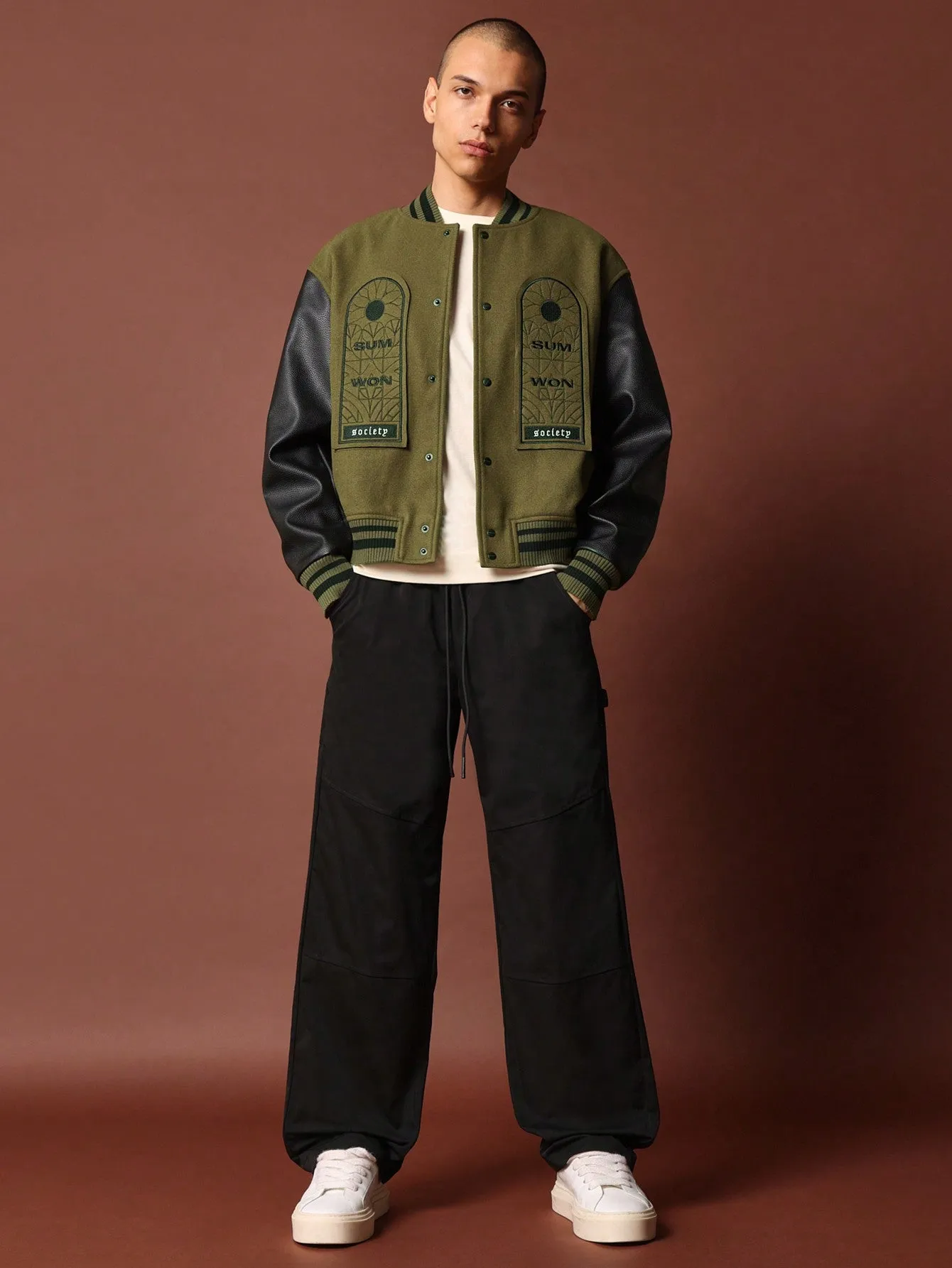 Cropped PU Sleeve Varsity Jackets With Window Patches Embroidered At The Front