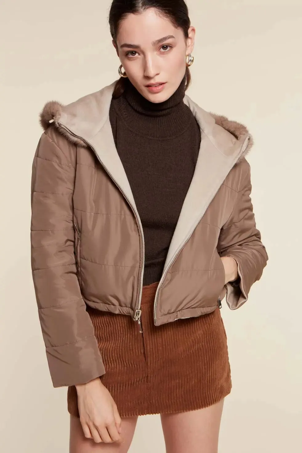 Cropped puffer jacket with fur hood