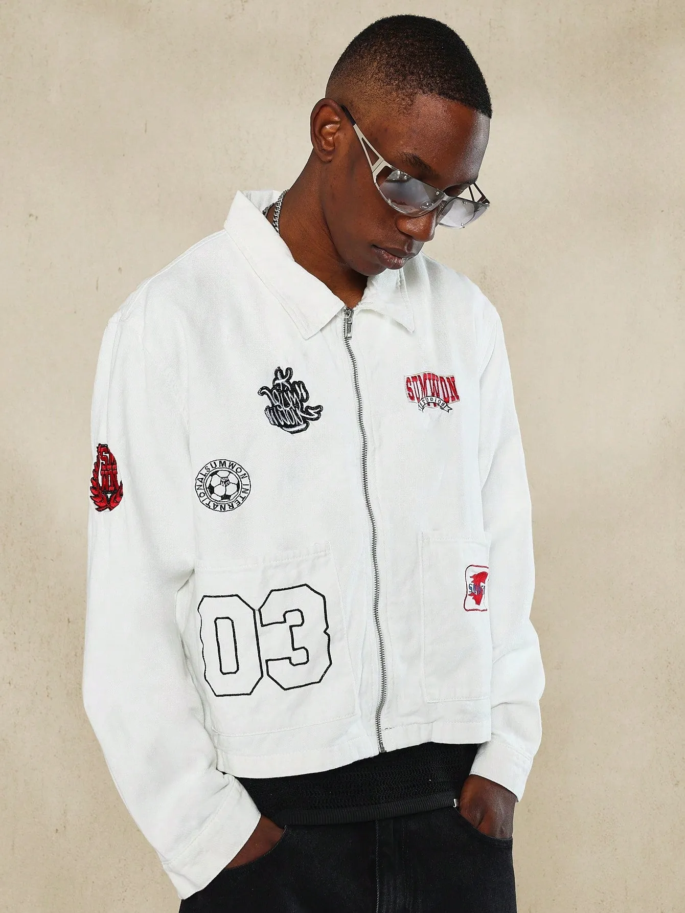 Cropped Worker Zip Through Denim Jacket With Embroidery & Patches