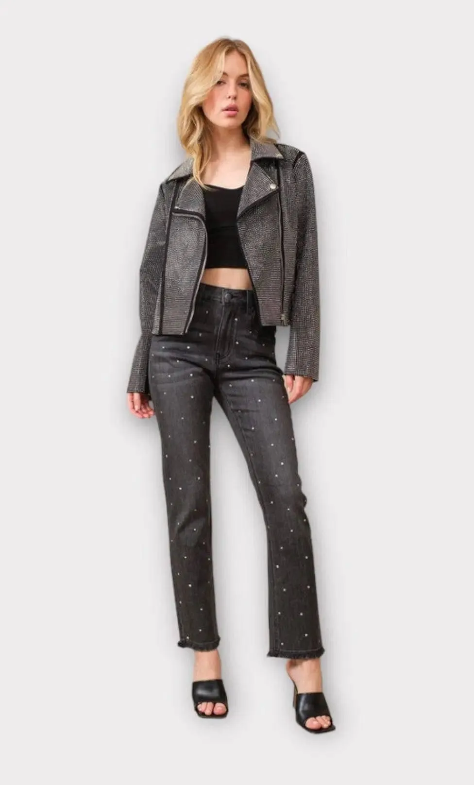 Crystal Studded Stregtch Zip Up Moto Jacket