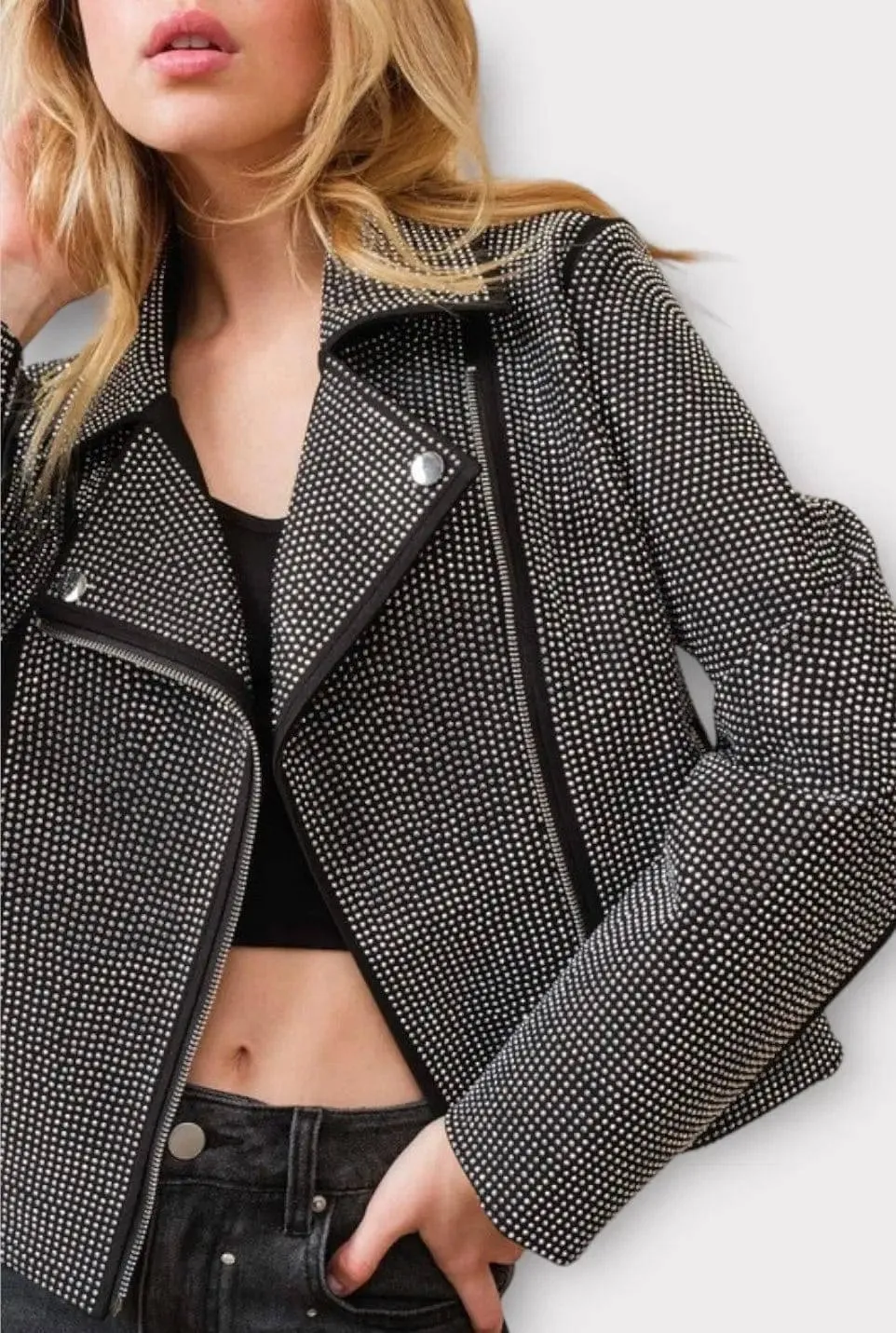 Crystal Studded Stregtch Zip Up Moto Jacket