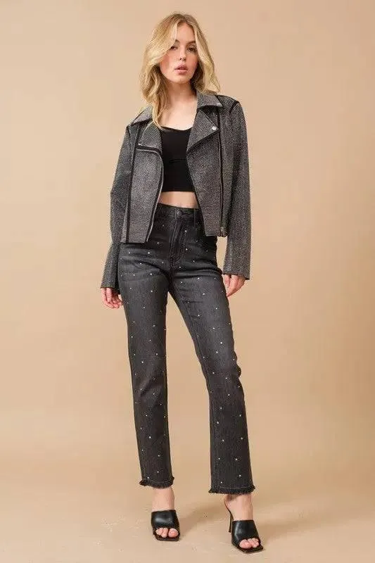 Crystal Studded Stregtch Zip Up Moto Jacket