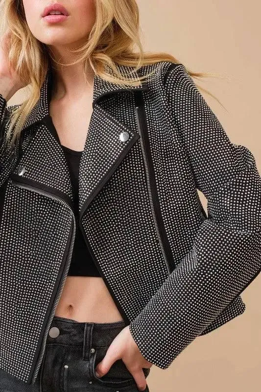 Crystal Studded Stregtch Zip Up Moto Jacket