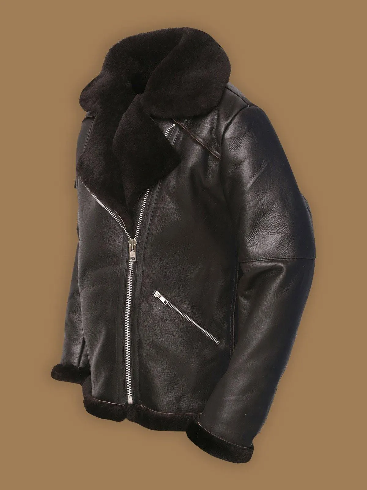 Dark Brown Shearling Aviator Leather Jacket for Men