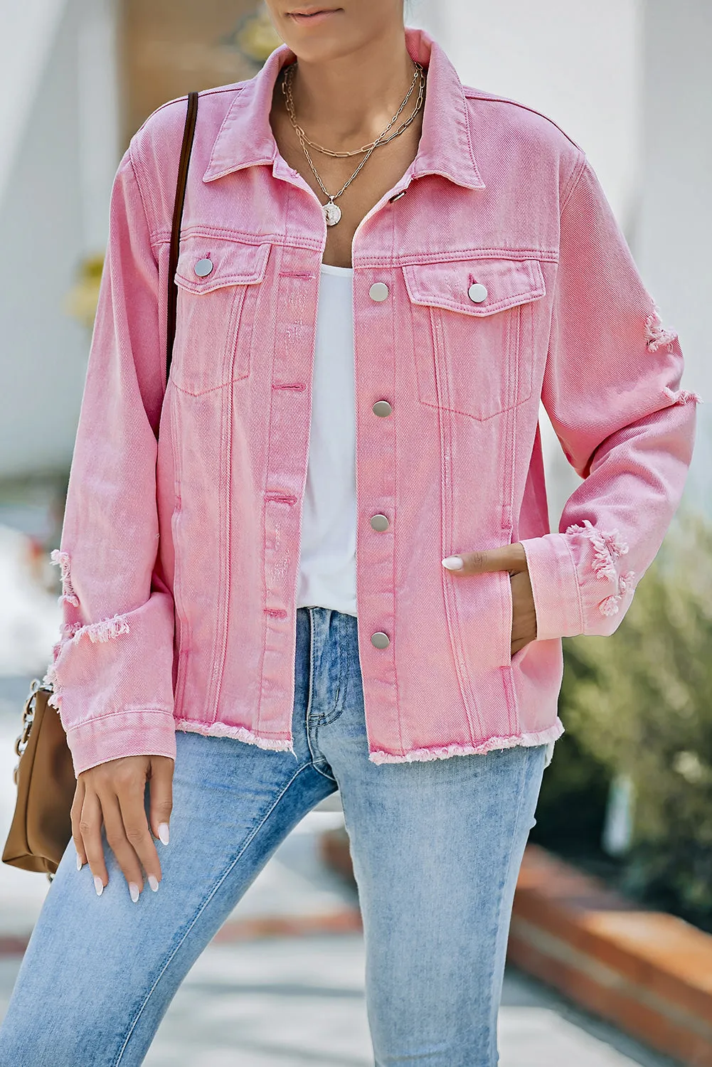 Distressed Raw Hem Denim Jacket