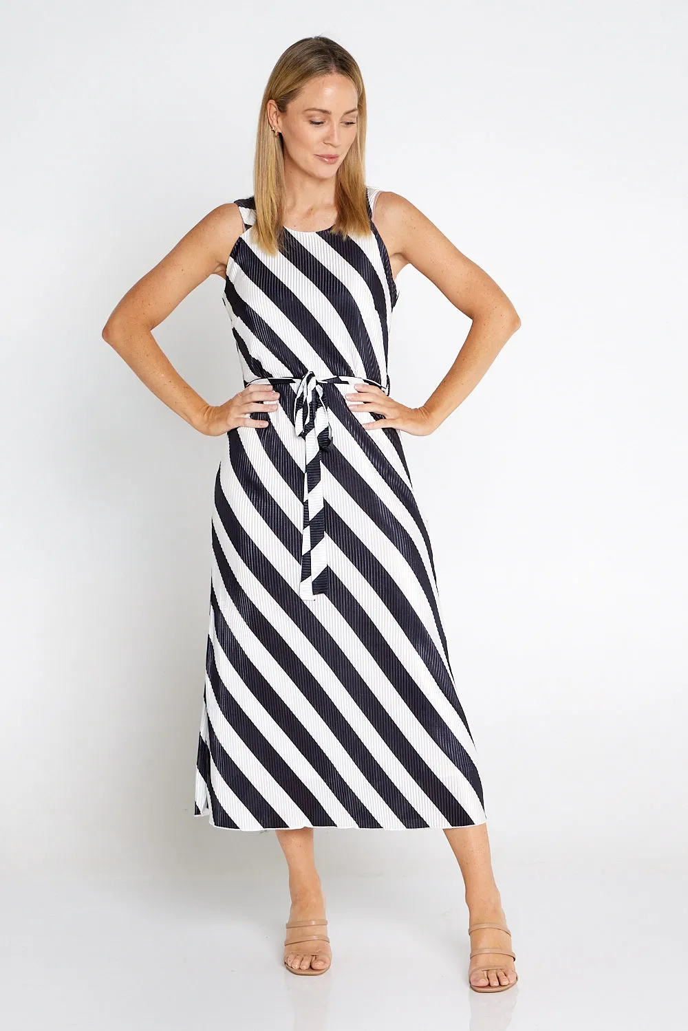 Divia Pleated Satin Dress - Black/White Stripe