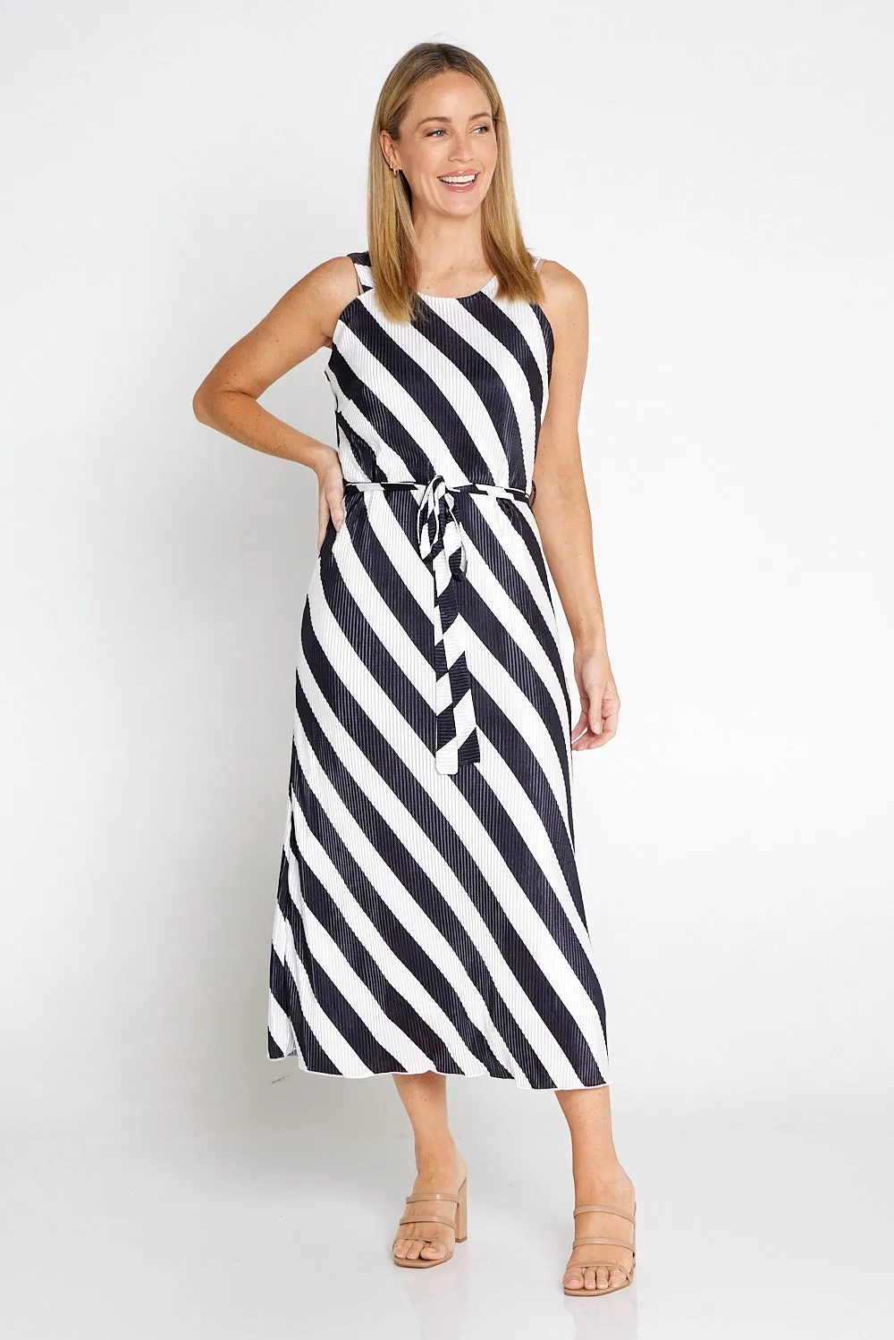 Divia Pleated Satin Dress - Black/White Stripe