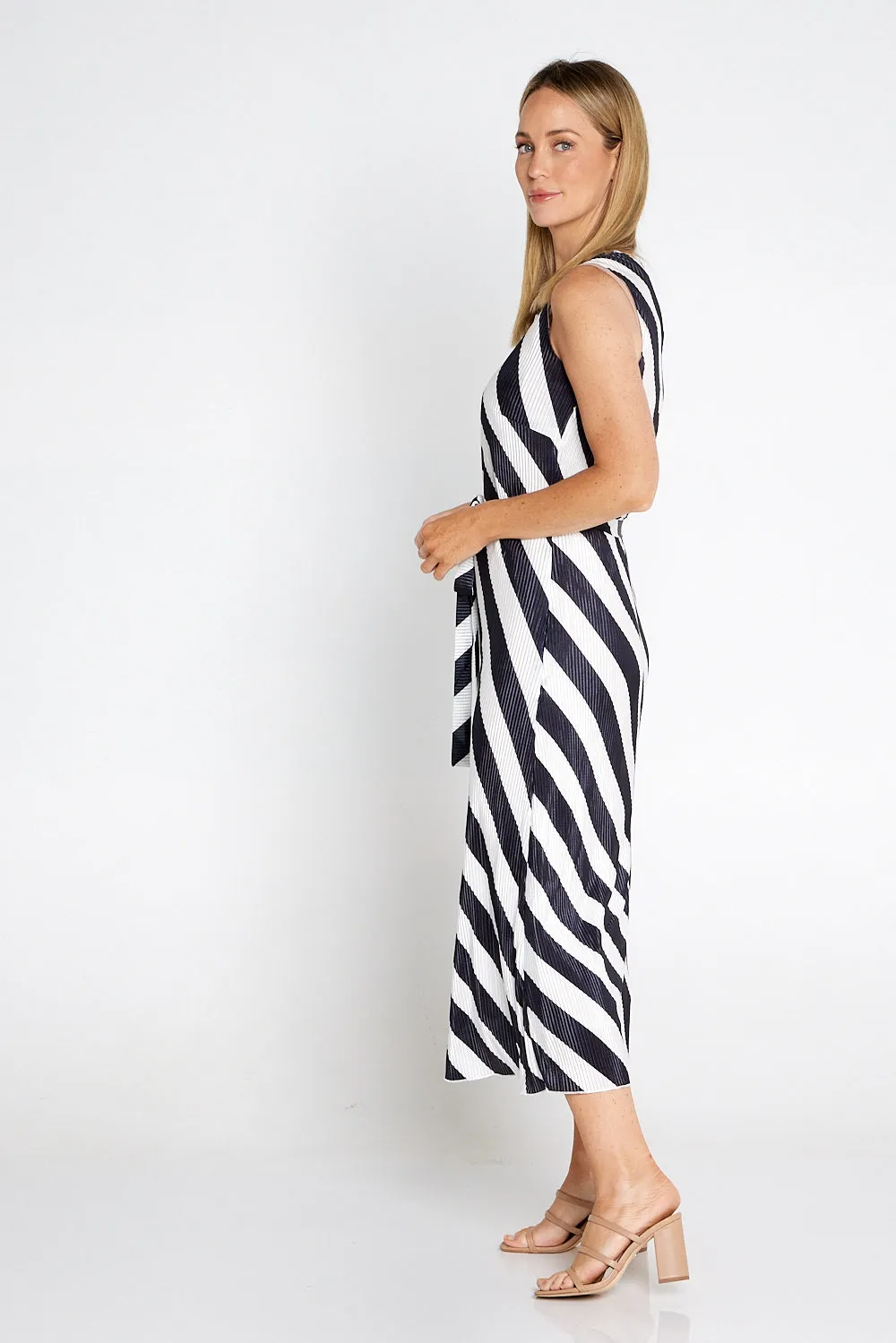 Divia Pleated Satin Dress - Black/White Stripe