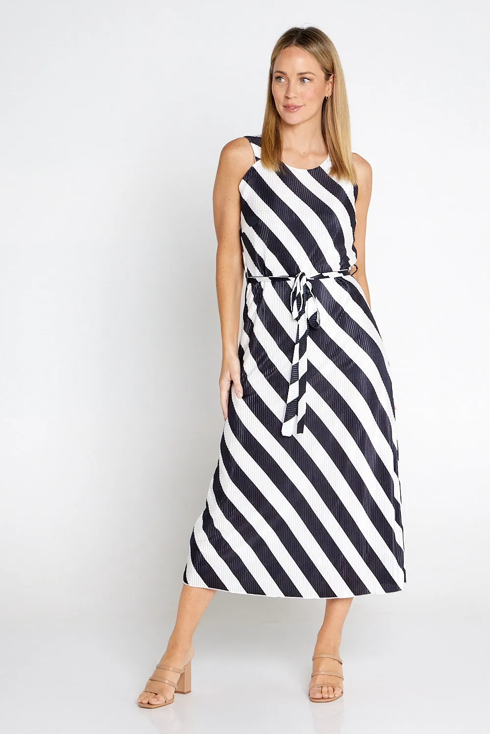 Divia Pleated Satin Dress - Black/White Stripe