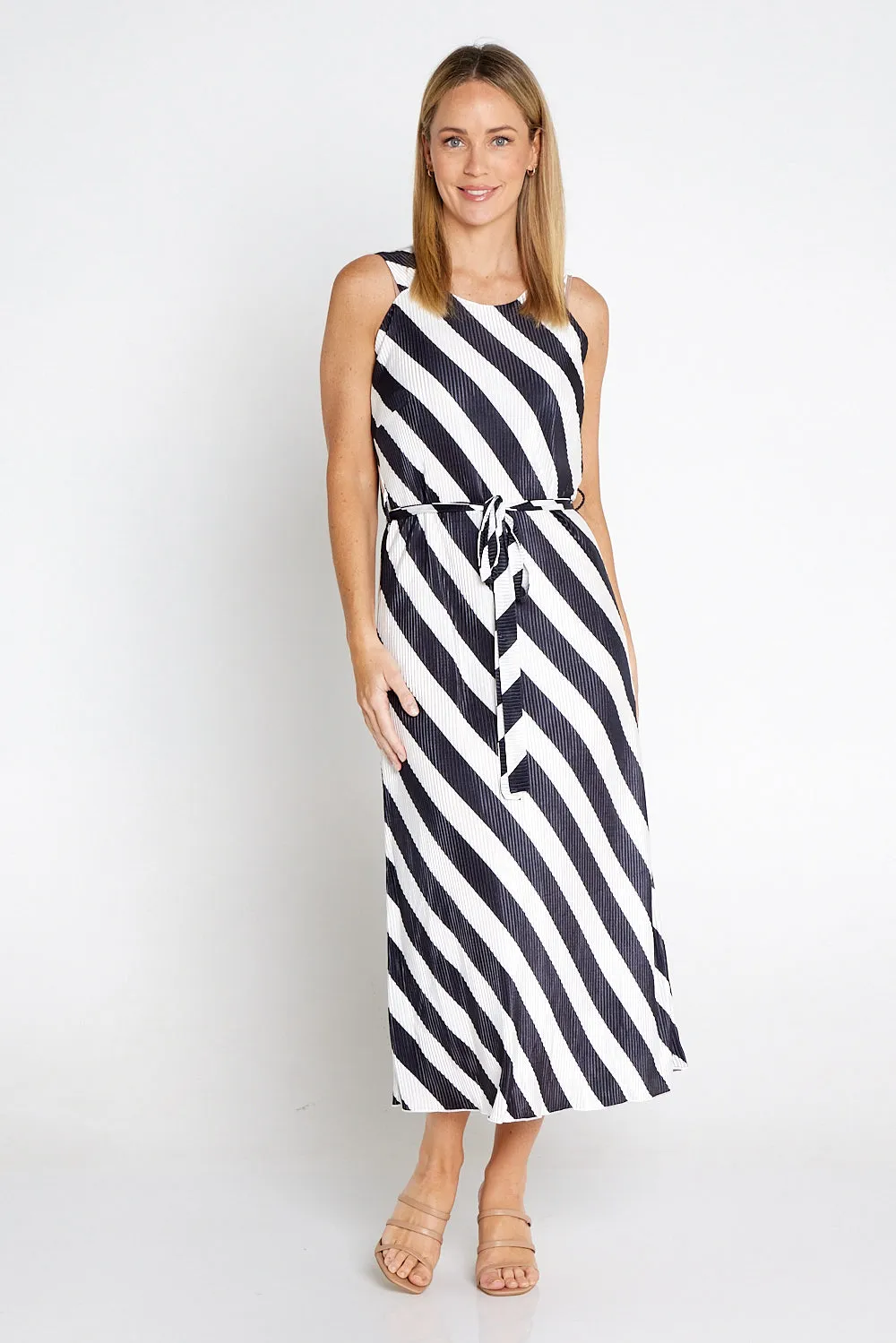 Divia Pleated Satin Dress - Black/White Stripe