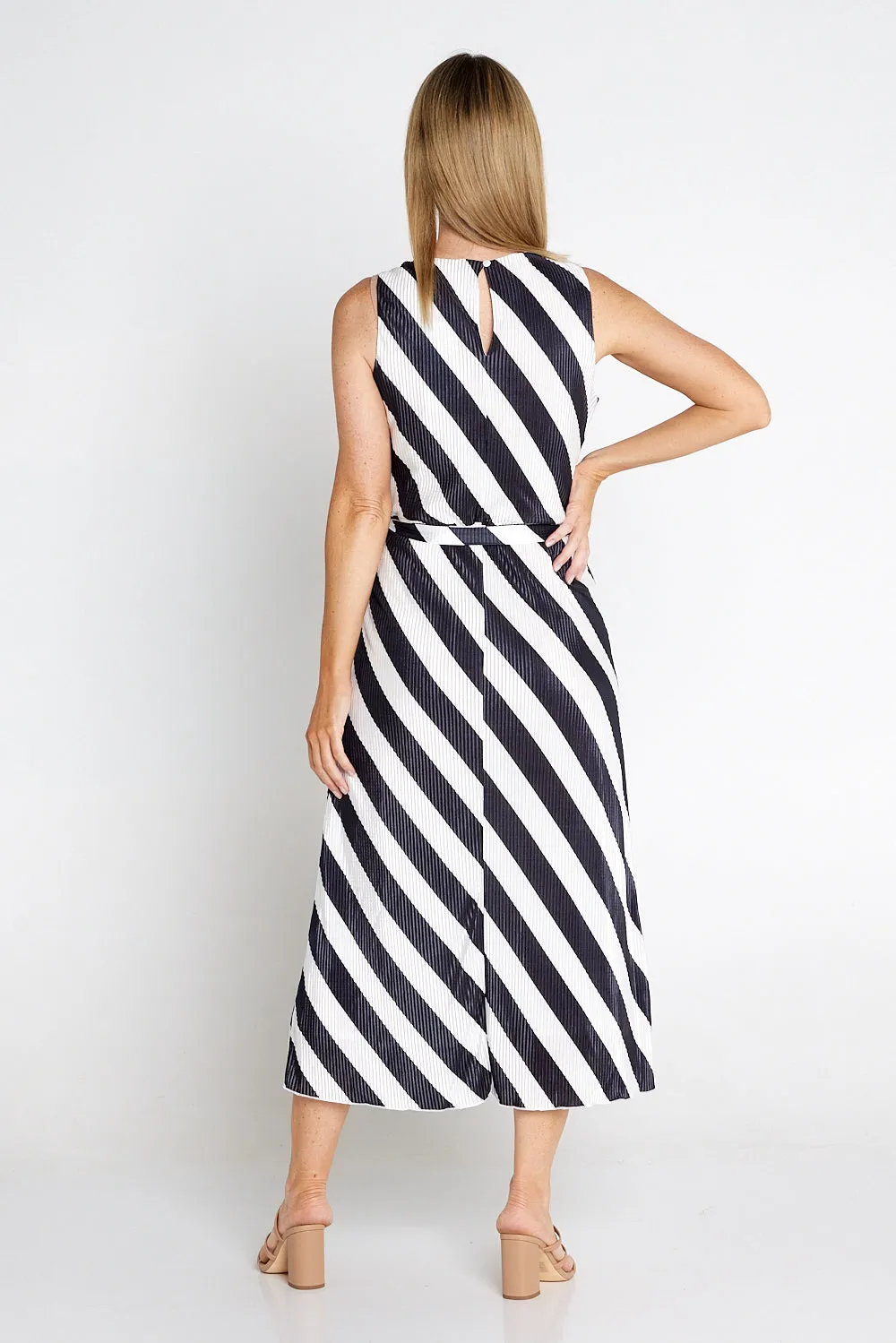 Divia Pleated Satin Dress - Black/White Stripe