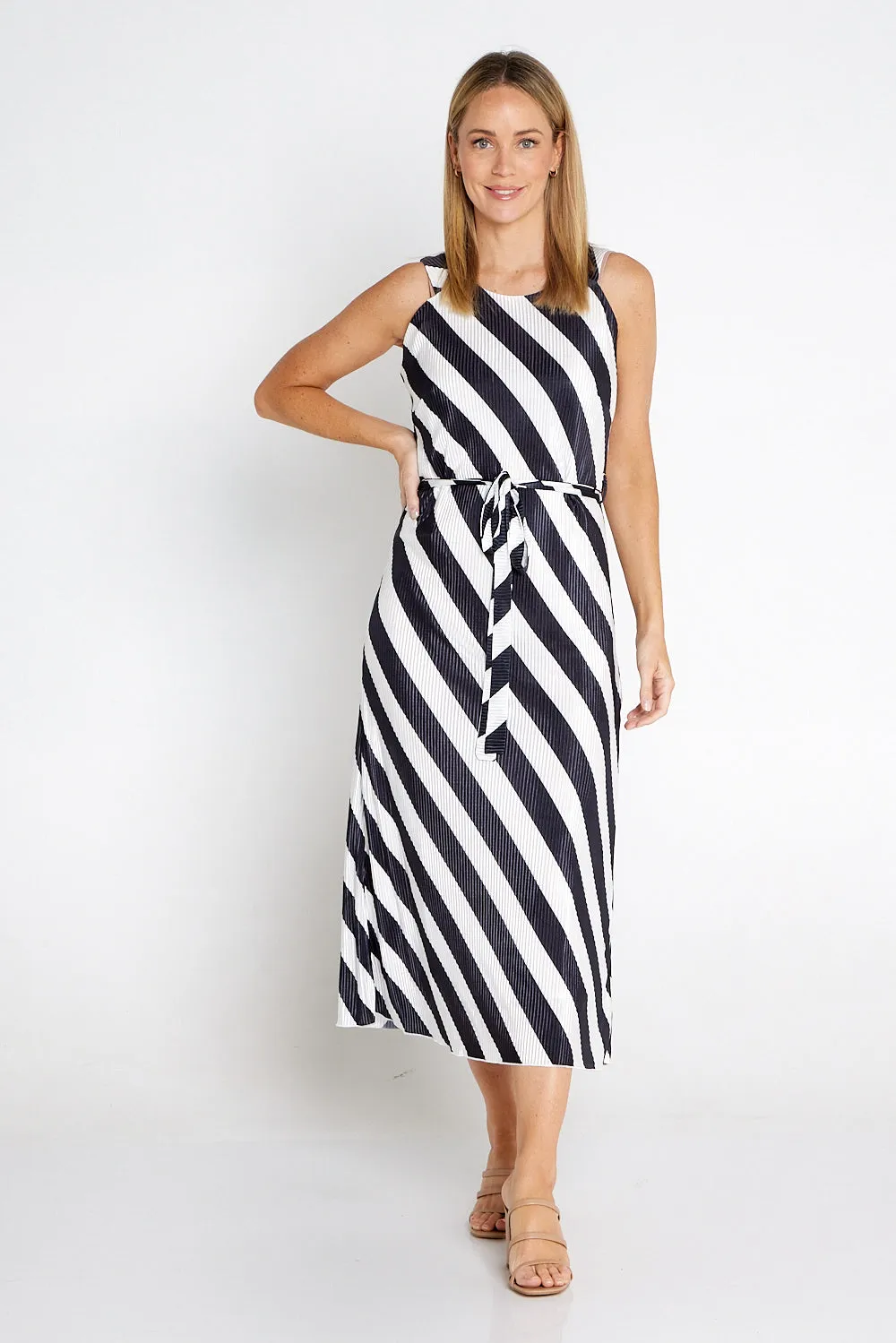 Divia Pleated Satin Dress - Black/White Stripe