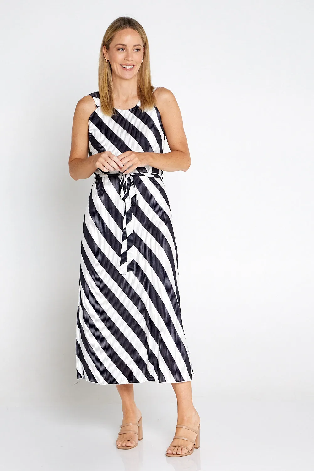 Divia Pleated Satin Dress - Black/White Stripe