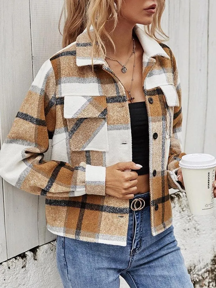 Double Take Plaid Collared Neck Jacket with Breast Pockets