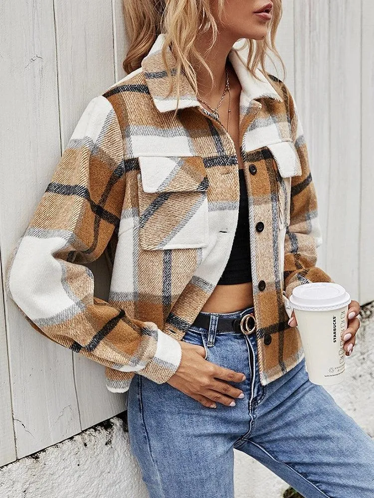 Double Take Plaid Collared Neck Jacket with Breast Pockets