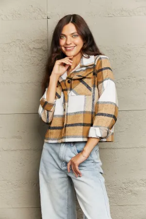 Double Take Plaid Collared Neck Jacket with Breast Pockets