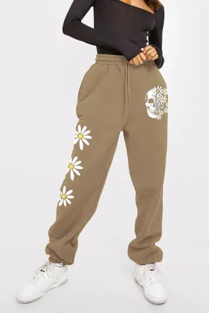 Drawstring Flower & Skull Graphic Long Sweatpants