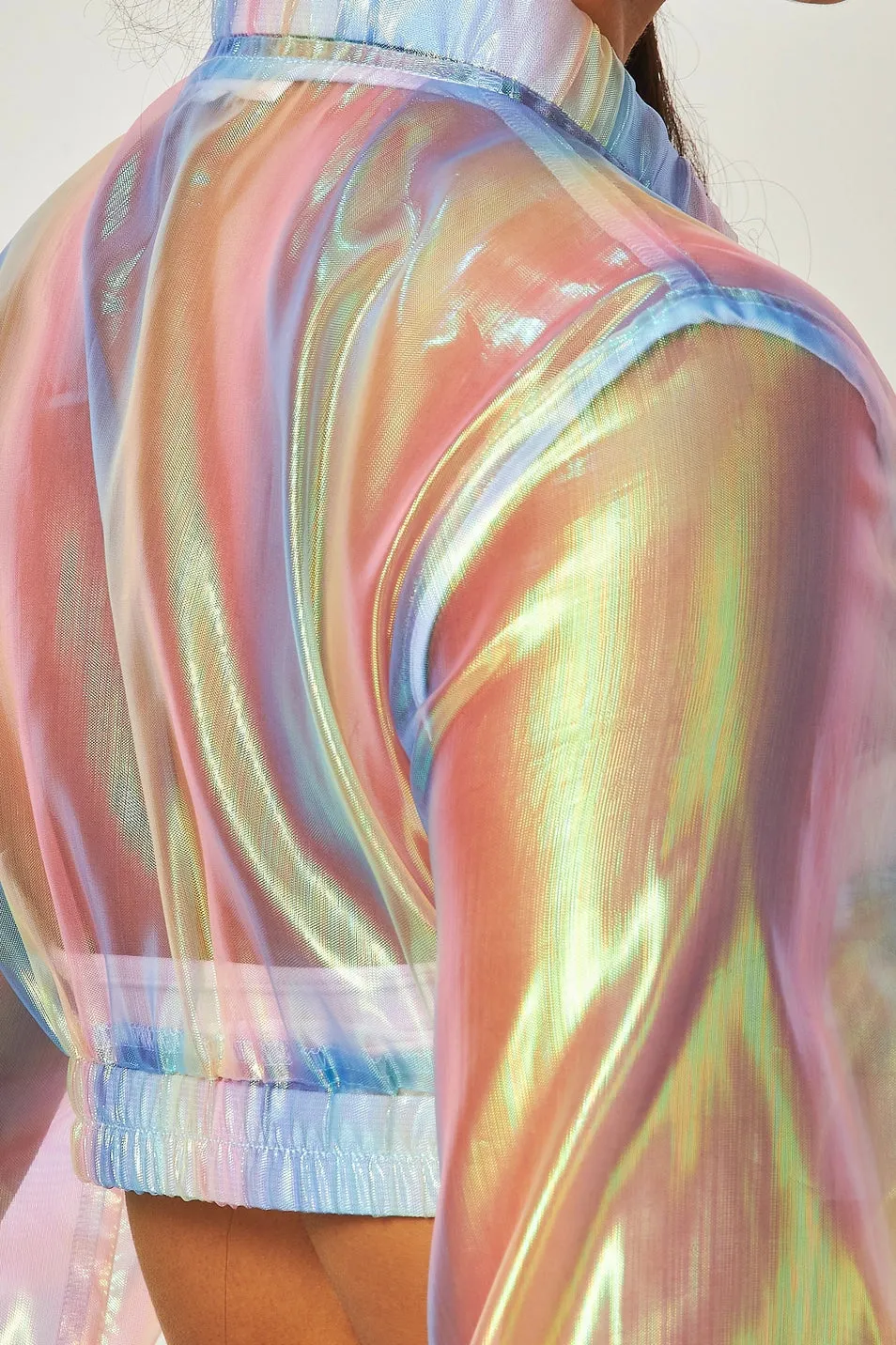 Eliza Iridescent Sheer Crop Bomber Jacket