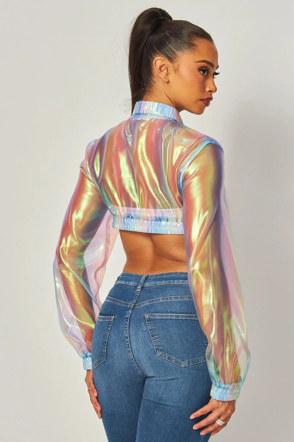 Eliza Iridescent Sheer Crop Bomber Jacket