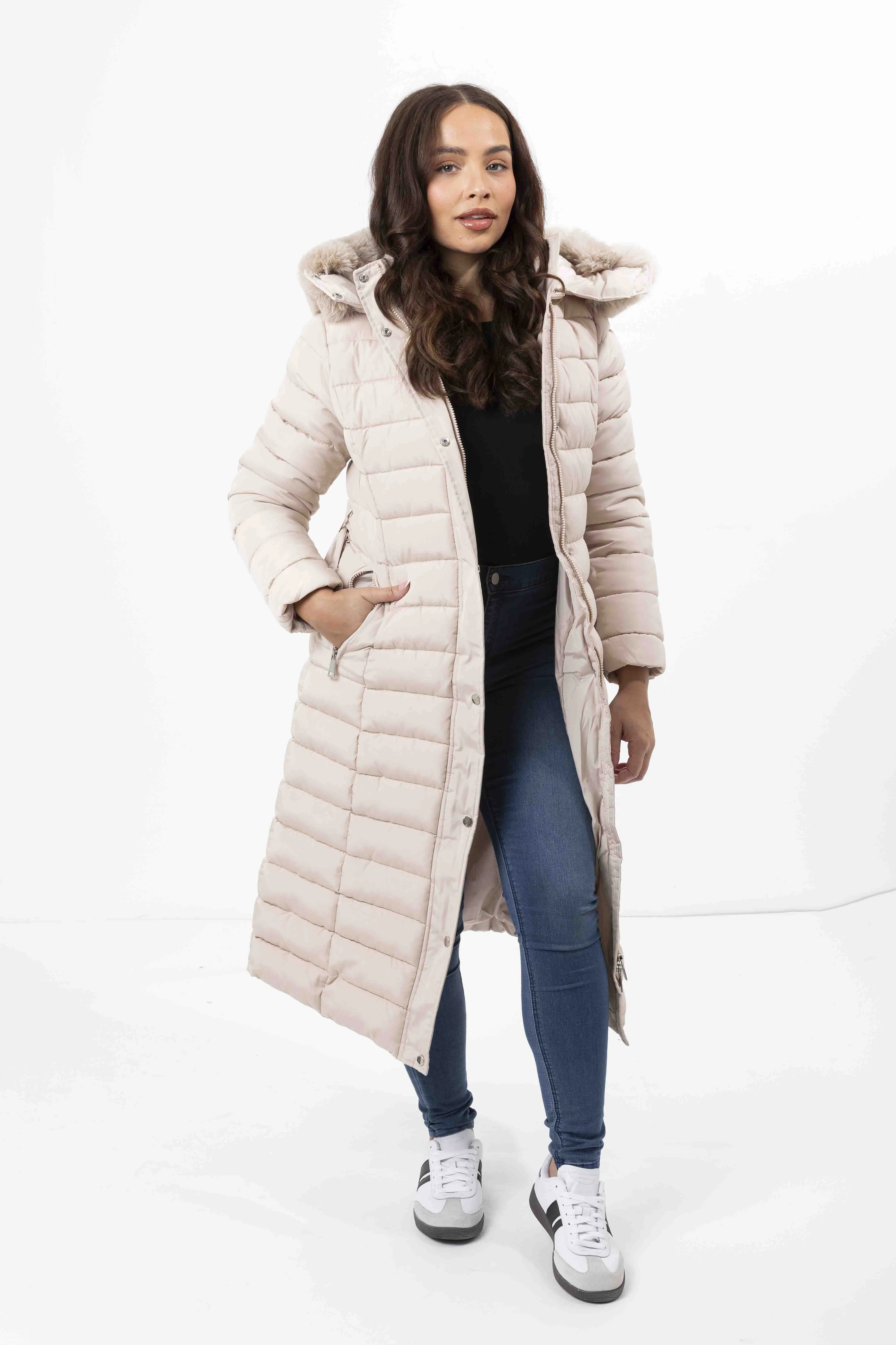 Faux Fur Trimmed Hood Quilted And Belted Shimmer Long Padded Coat