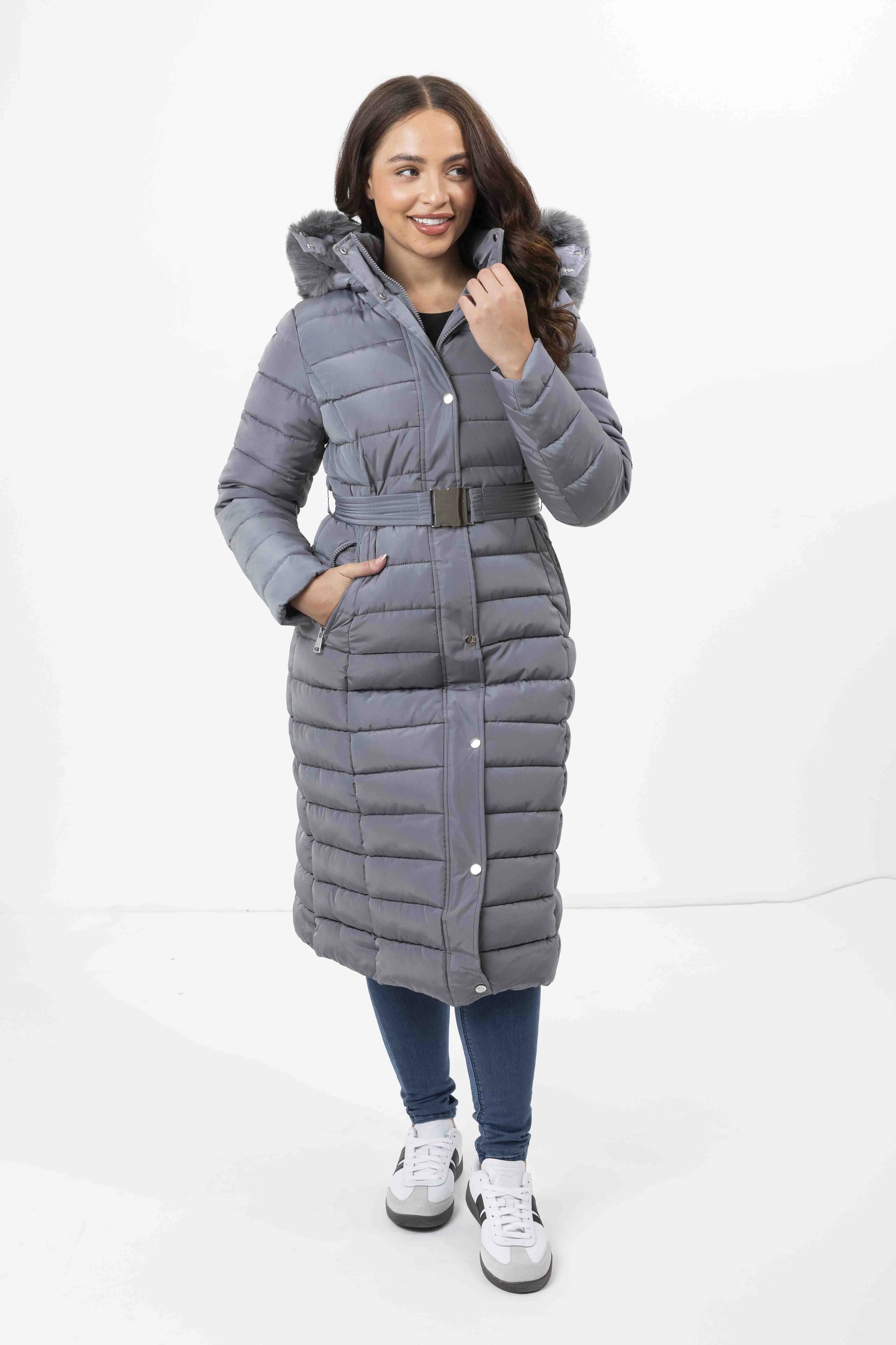 Faux Fur Trimmed Hood Quilted And Belted Shimmer Long Padded Coat