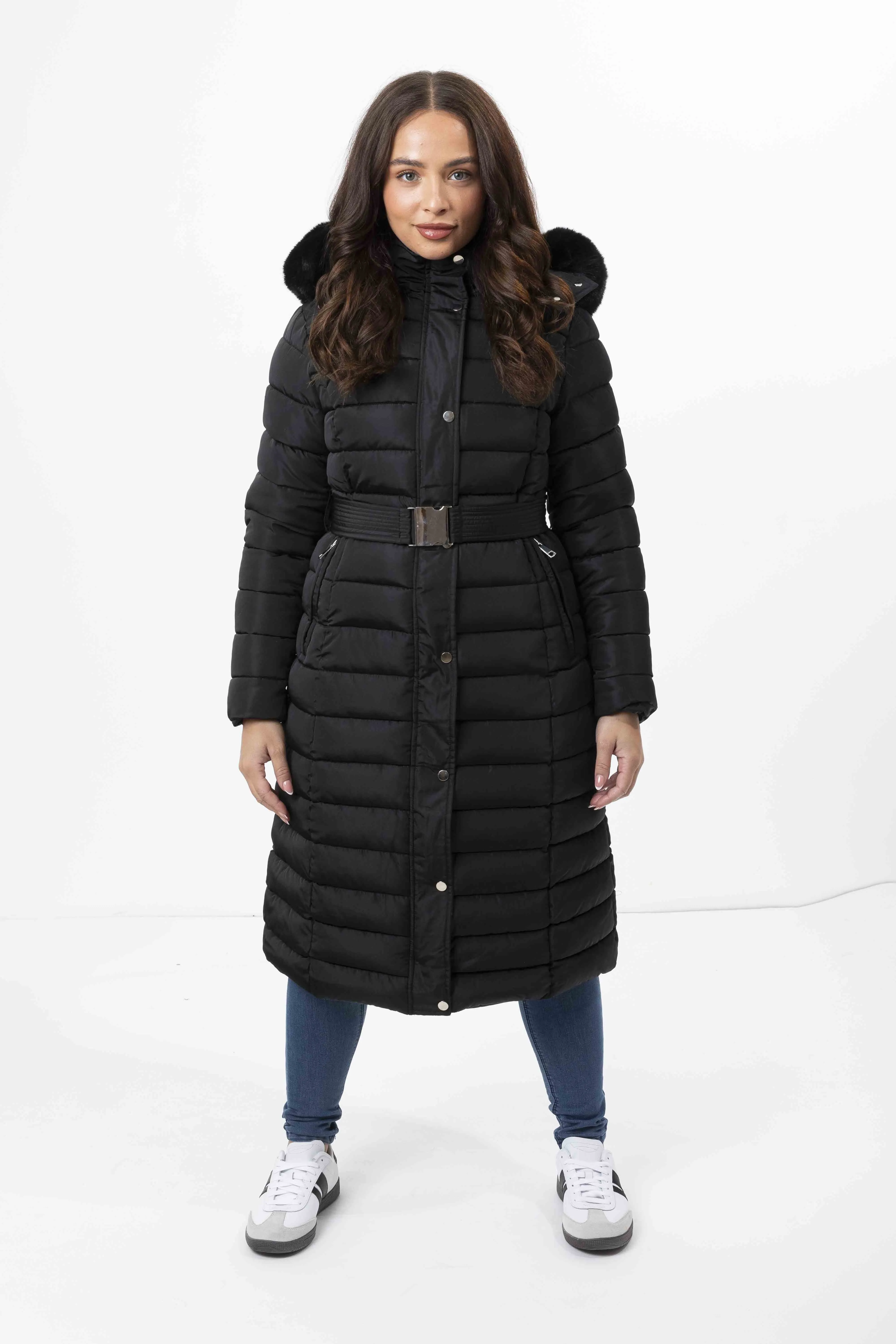 Faux Fur Trimmed Hood Quilted And Belted Shimmer Long Padded Coat