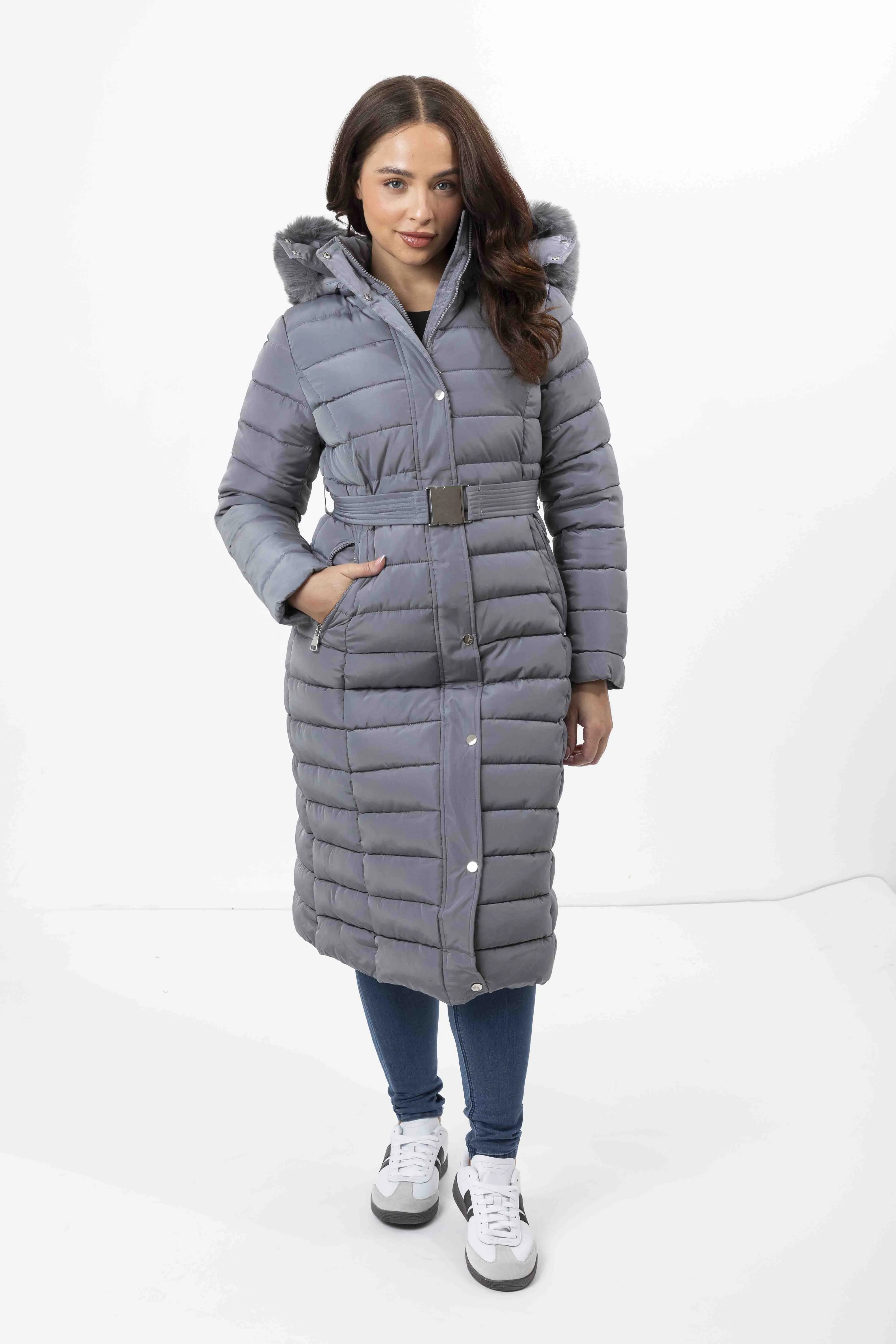 Faux Fur Trimmed Hood Quilted And Belted Shimmer Long Padded Coat