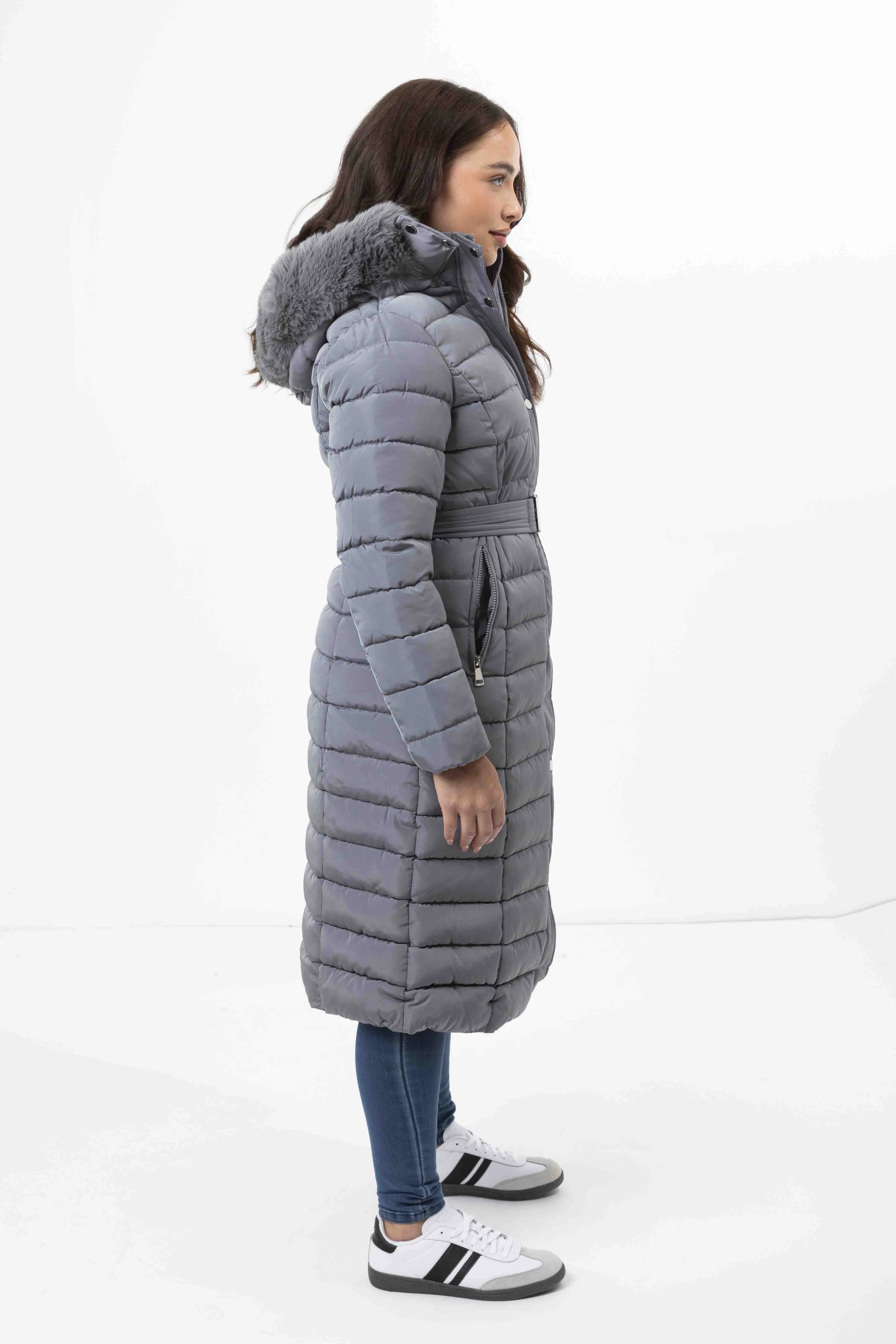 Faux Fur Trimmed Hood Quilted And Belted Shimmer Long Padded Coat