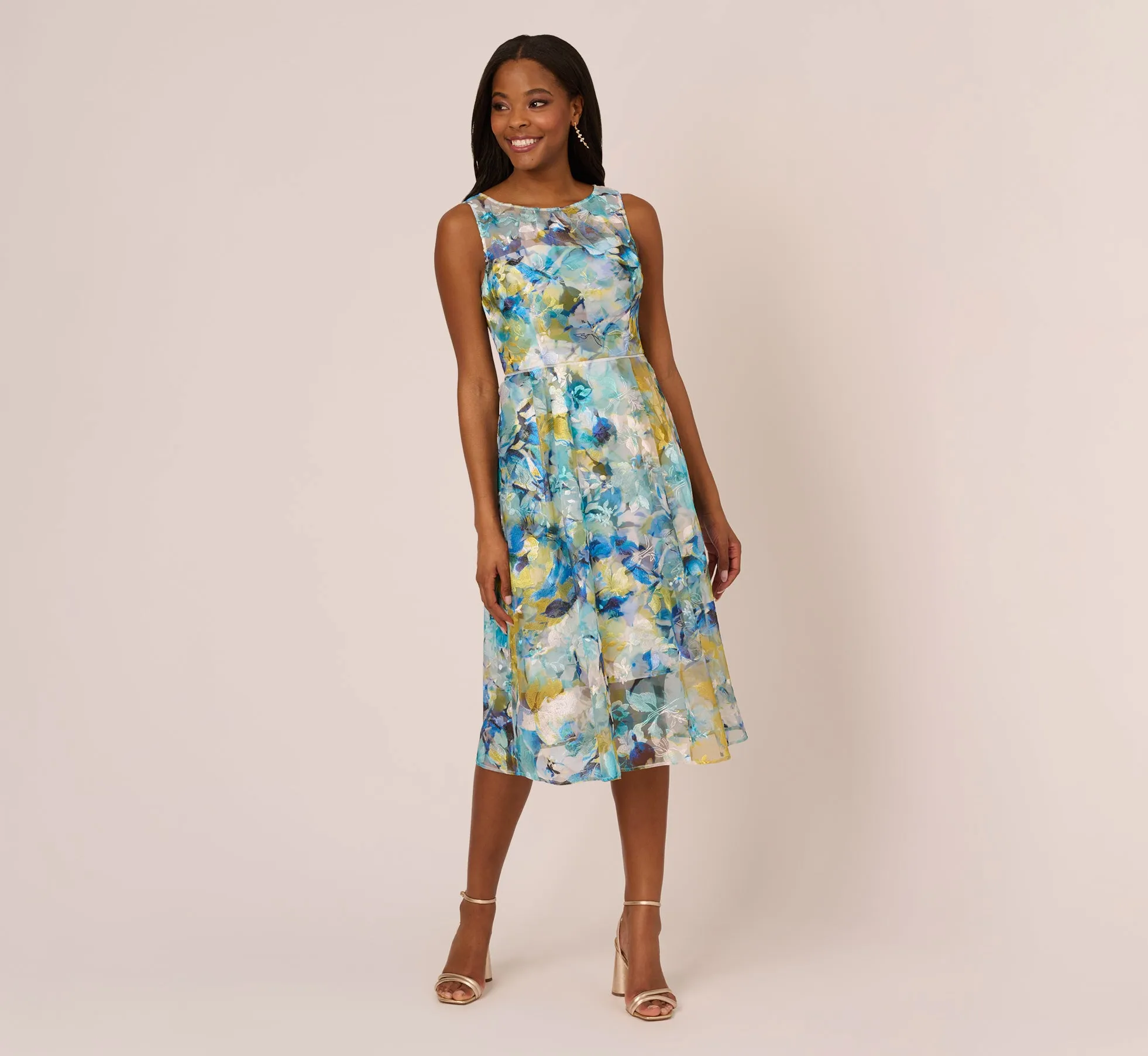 Floral Print Sleeveless Midi Dress With Sheer Neckline In Blue Ivory Multi