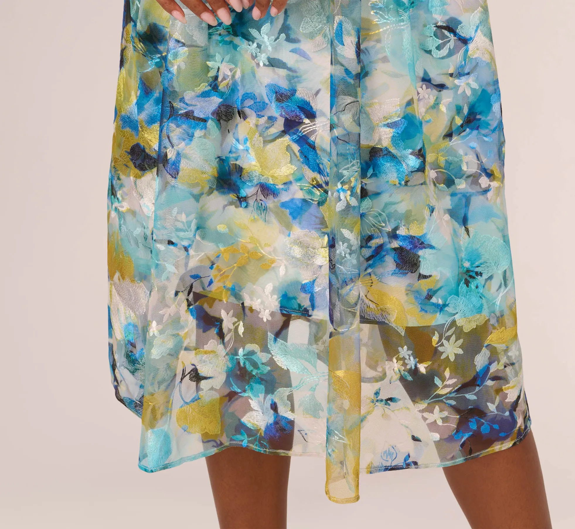 Floral Print Sleeveless Midi Dress With Sheer Neckline In Blue Ivory Multi