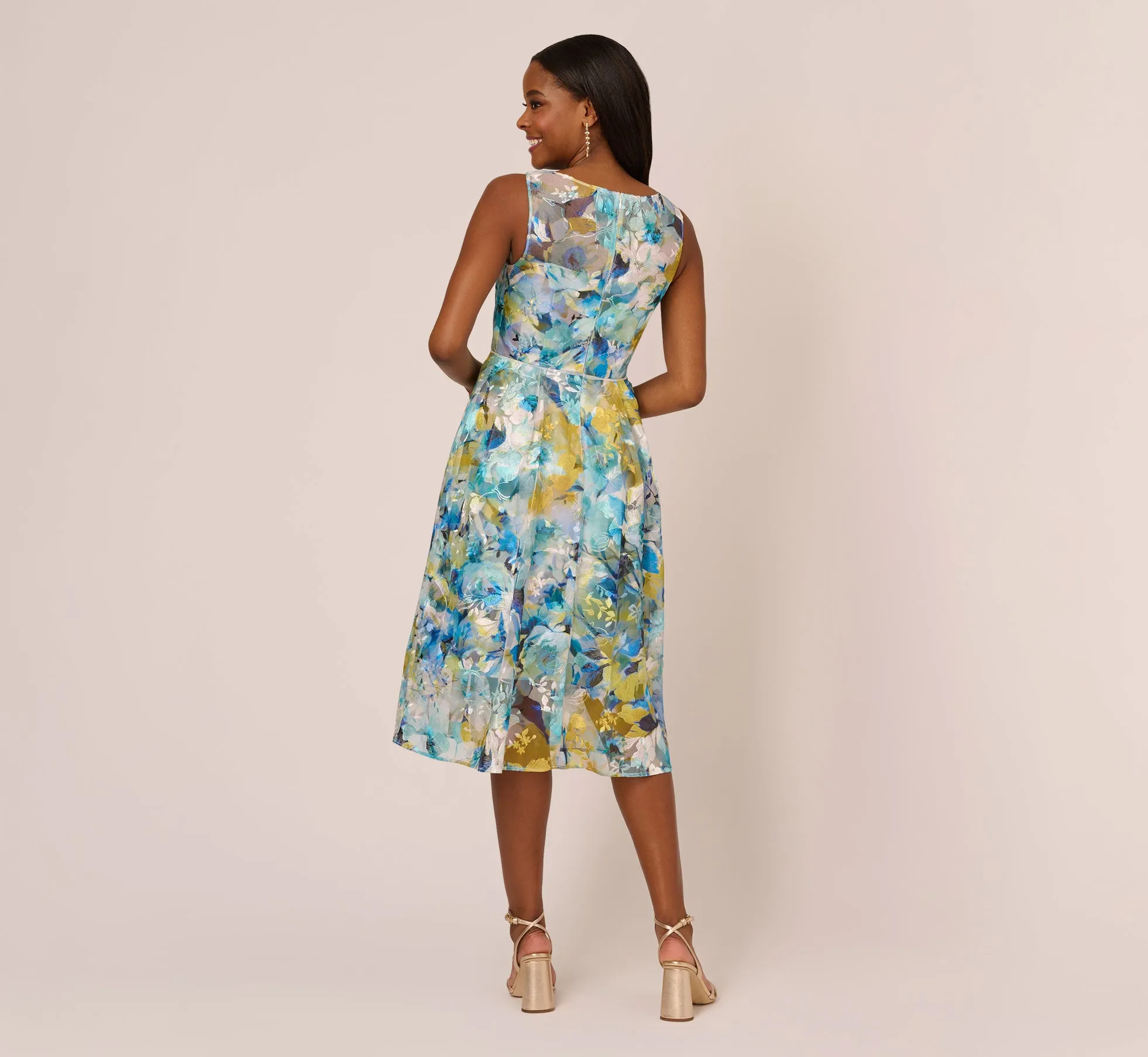 Floral Print Sleeveless Midi Dress With Sheer Neckline In Blue Ivory Multi