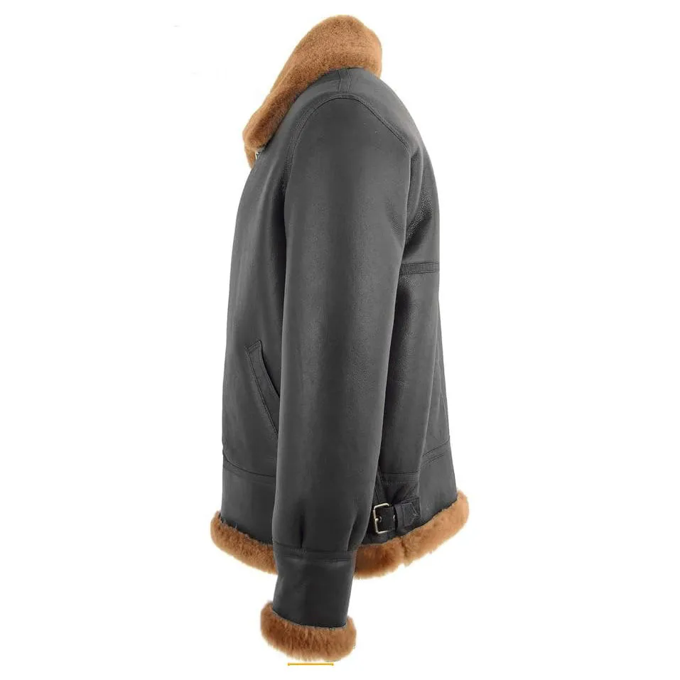 Frankie Men's Black Bomber Leather Jacket With Faux Fur Lining