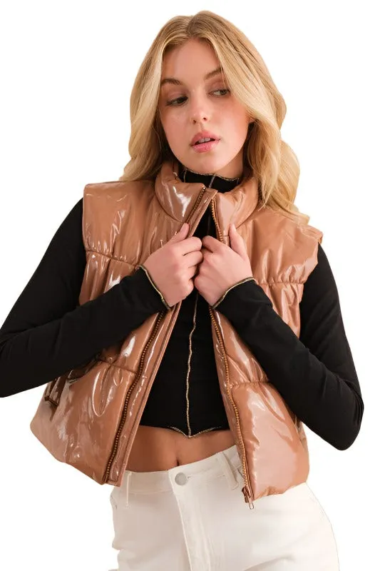 Gloss Shiny PU Quilted Puffer Zip Up Crop Vest