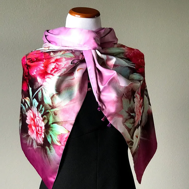 Gold floral 100% Silk Satin smooth soft Long double fabric  Scarf with buttons