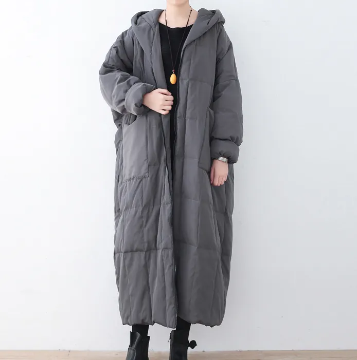 Gray Casual Long Hooded Puffer Coat,Loose Winter Women Down Jacket AMT1008