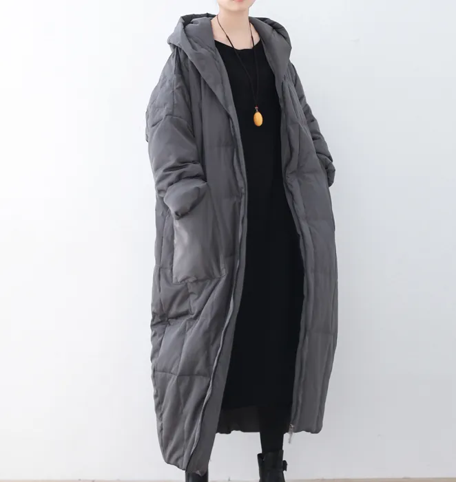 Gray Casual Long Hooded Puffer Coat,Loose Winter Women Down Jacket AMT1008