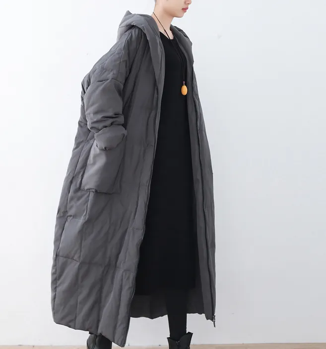 Gray Casual Long Hooded Puffer Coat,Loose Winter Women Down Jacket AMT1008