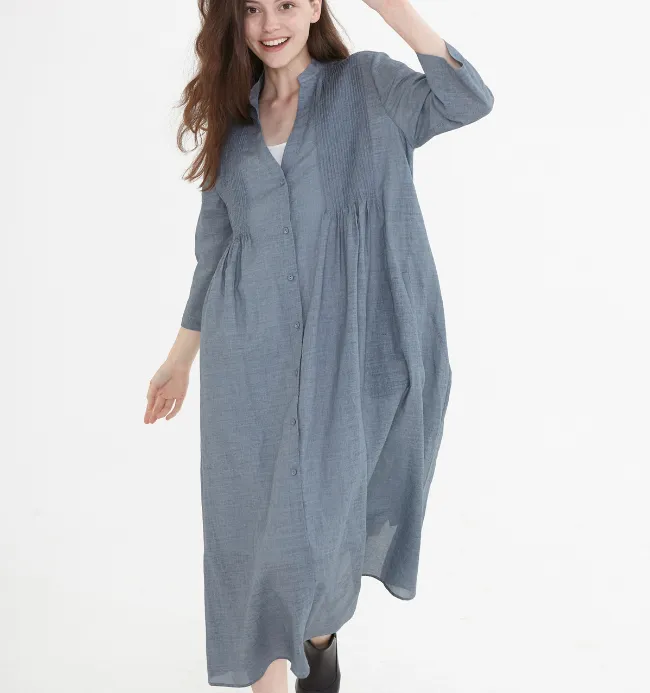 Gray Linen Shirt Women Dresses Buttons Design SJ9201229