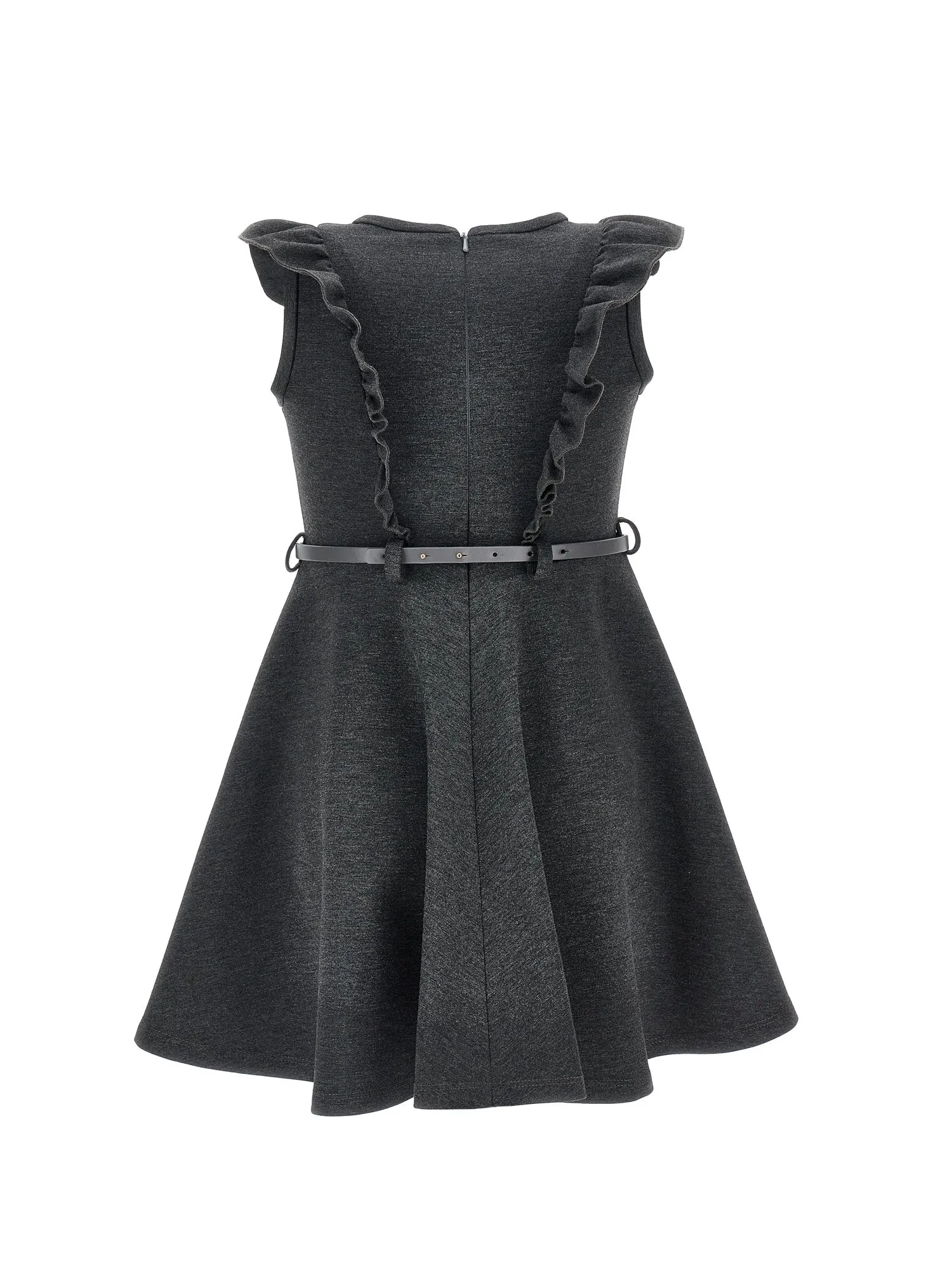 Grey Belted Ruffle Sleeve Dress