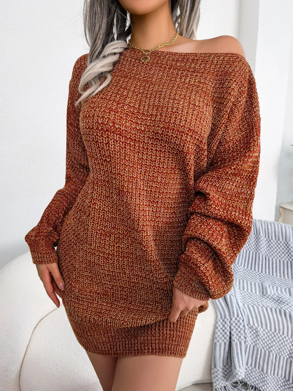 Heathered Boat Neck Lantern Sleeve Sweater Dress