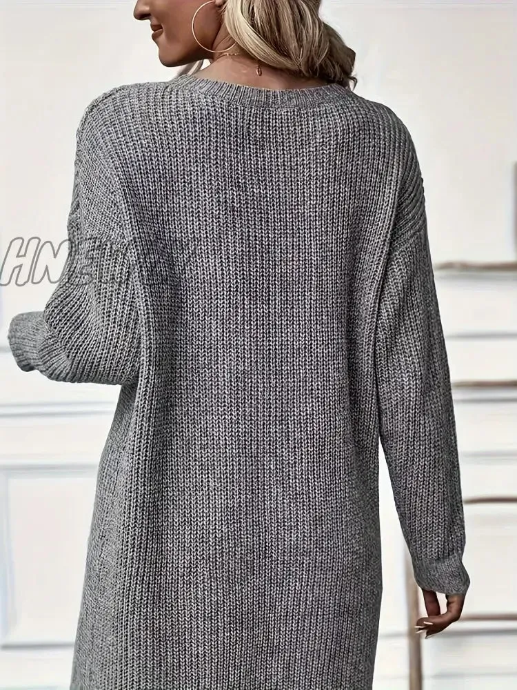 Hnewly Solid Knitted Crew Neck Dress, Casual Asymmetrical Hem Long Sleeve Dress, Women's Clothing