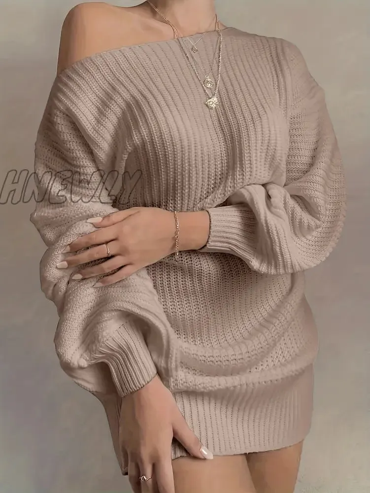 Hnewly Solid Off Shoulder Knitted Dress, Casual Long Sleeve Sweater Dress For Fall & Winter, Women's Clothing