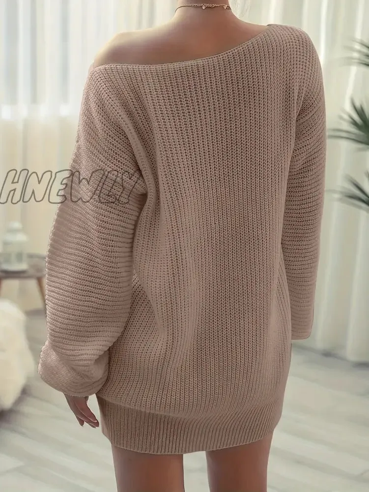 Hnewly Solid Off Shoulder Knitted Dress, Casual Long Sleeve Sweater Dress For Fall & Winter, Women's Clothing