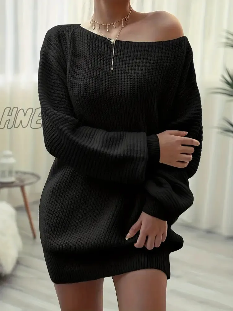 Hnewly Solid Off Shoulder Knitted Dress, Casual Long Sleeve Sweater Dress For Fall & Winter, Women's Clothing