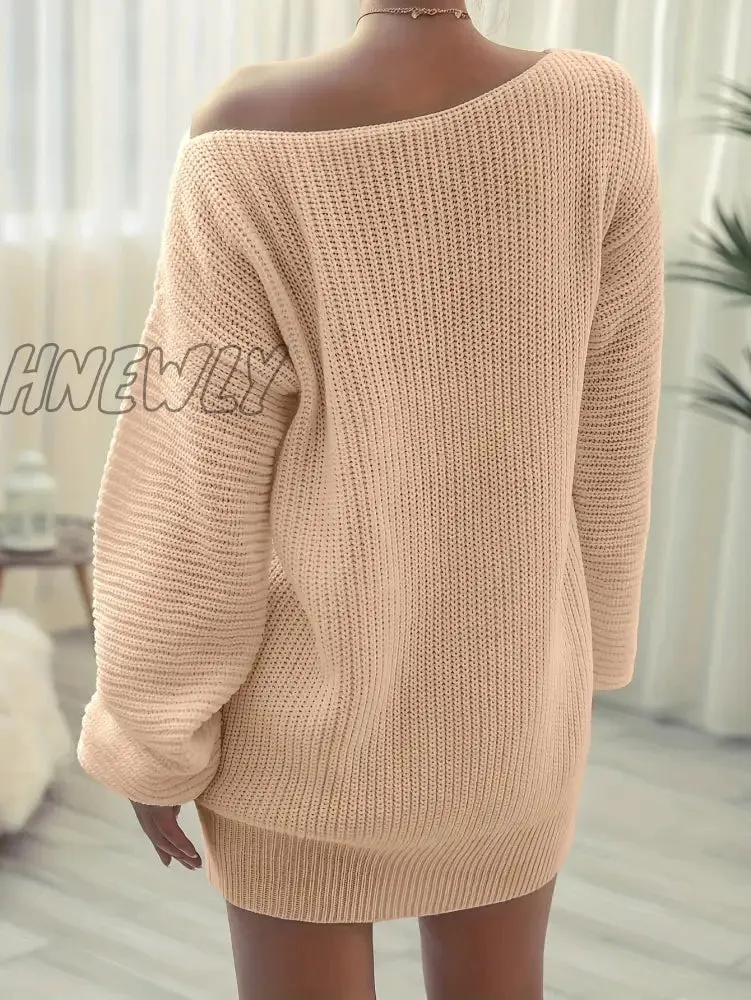 Hnewly Solid Off Shoulder Knitted Dress, Casual Long Sleeve Sweater Dress For Fall & Winter, Women's Clothing